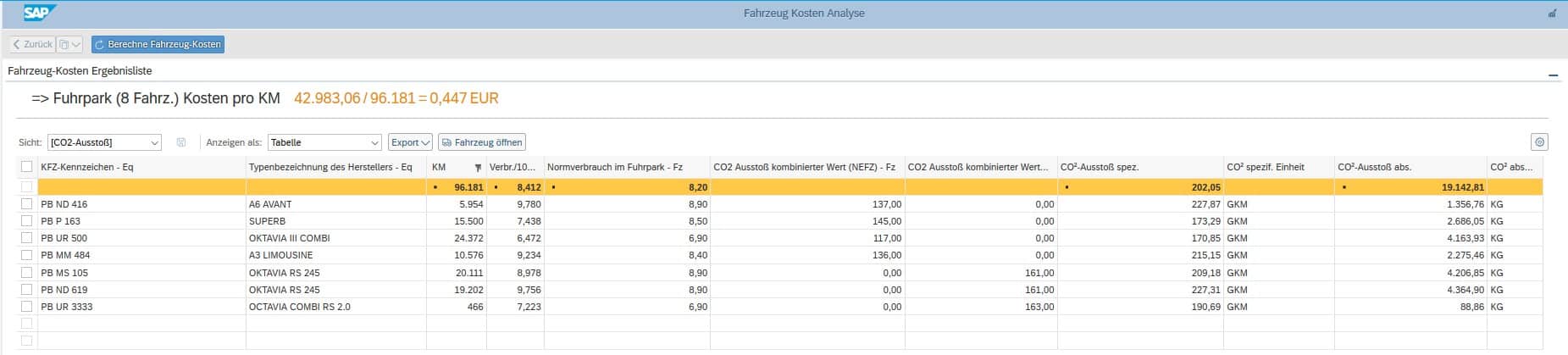 Analysen Flottenmanagement für SAP - CO2-Ausstoß