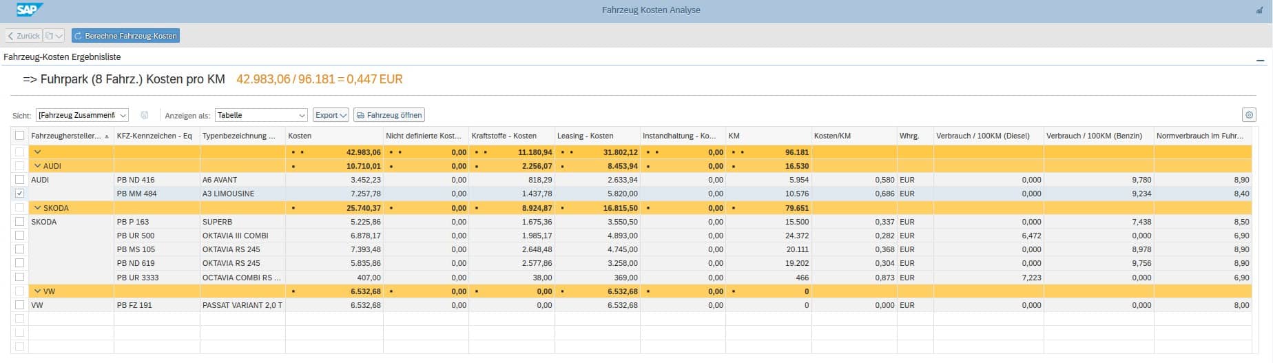 Analysen Flottenmanagement für SAP – Fahrzeugkosten Ergebnisliste