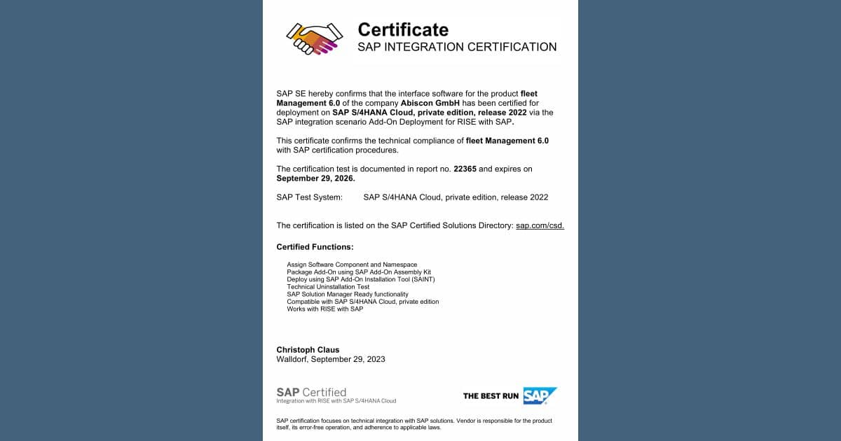 Fleet Software erneut von SAP zertifiziert - Beitragsbild